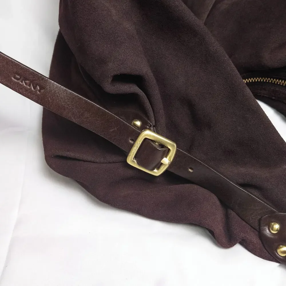 DKNY Slouchy Hobo Bag Brown Suede Chain Strap Y2K Boho Luxe